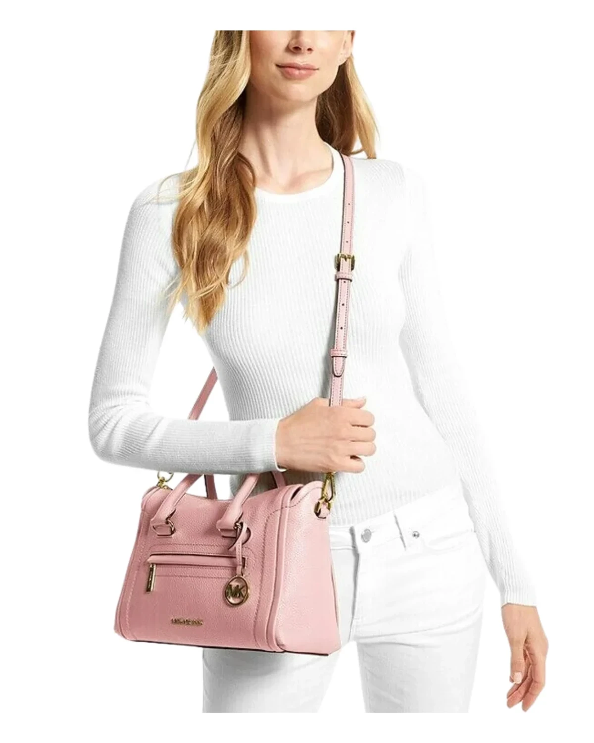 Сумочка з натуральної шкіри Michael Kors Carine Medium Pebbled Leather Satchel  Powder Blush — фото 4